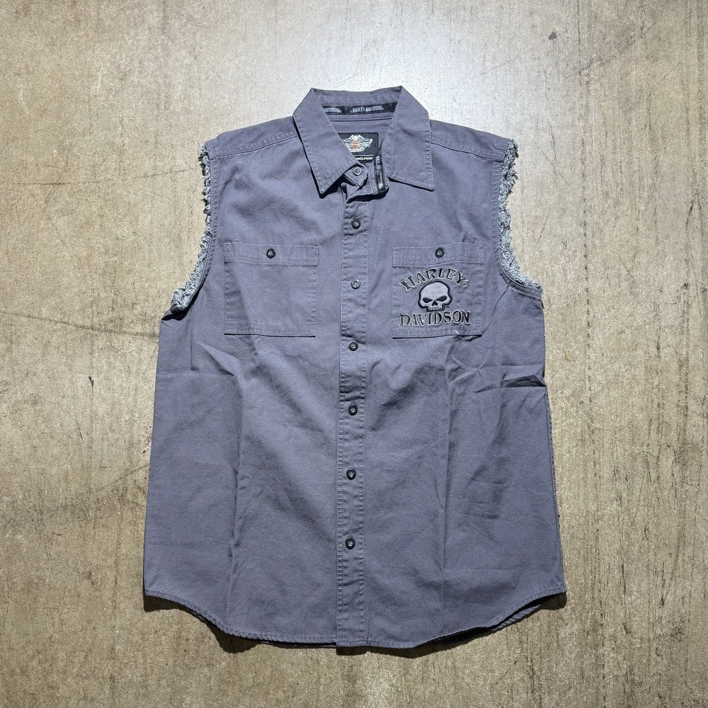 Harley-Davidson Shirt Mens Large Gray Sleeveless Button Front Skull Graphic